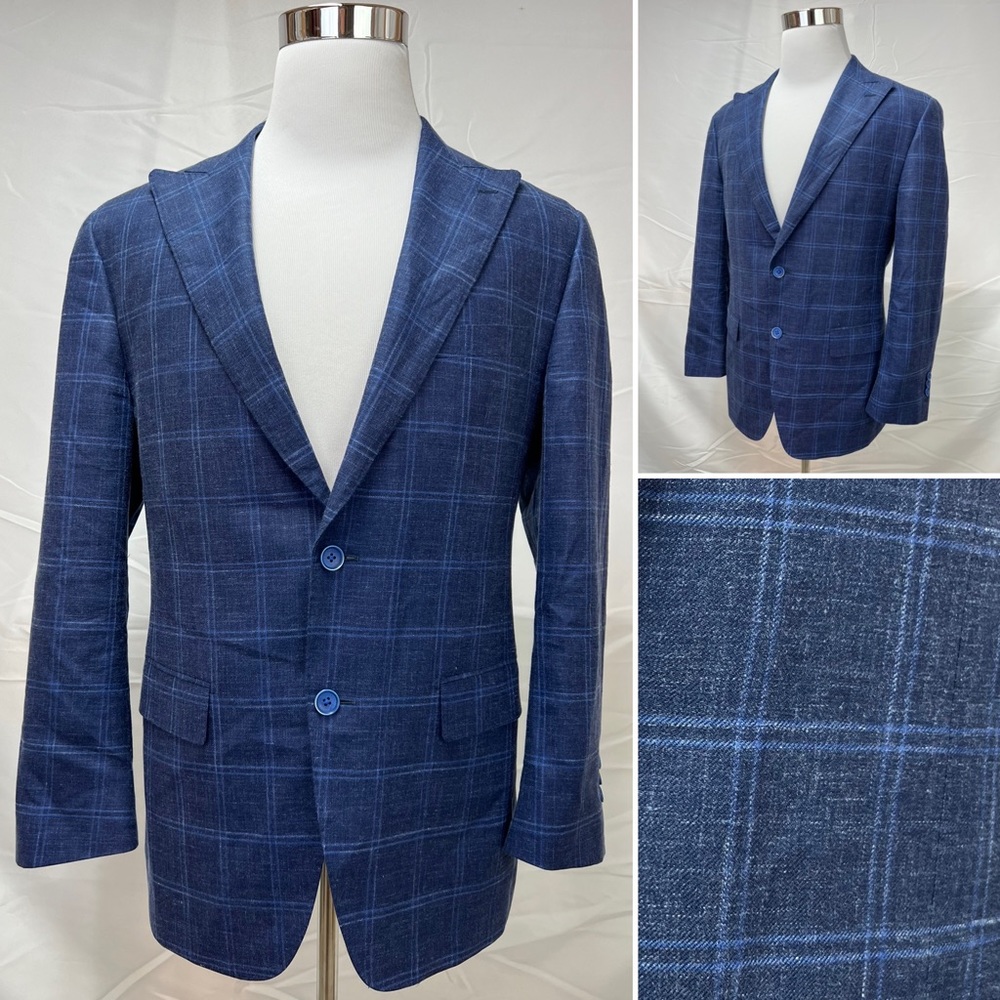 Greiner's Custom Wool/Silk/Linen Blend Blue Windowpane Plaid Blazer Jacket 38S